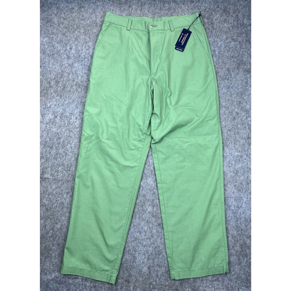 Roundtree & Yorke Men's Chino Pants Poplin Flat Front Green Classic Fit Sz 32x30 - Picture 2 of 12